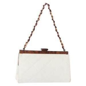 CHANEL Wood Chain Shoulder Bag Lamb Skin White Gold CC Auth BA7494